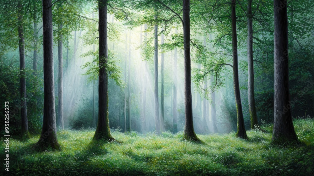 Naklejka premium A tranquil forest scene with sunlight filtering through tall trees, illuminating the natural beauty of the woodland floor.