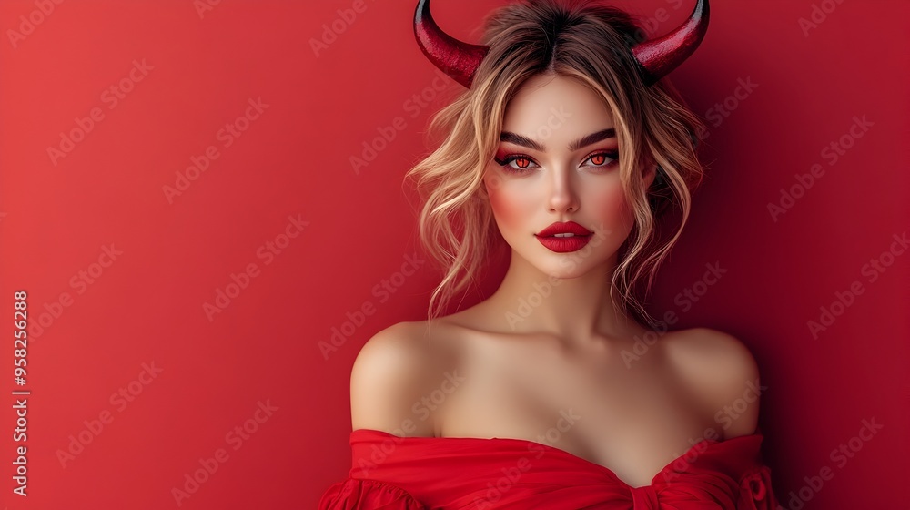 Captivating Devil Inspired Portrait of a Glamorous Woman in Red Captivating Devil Inspired Portrait of a Glamorous Woman in Red