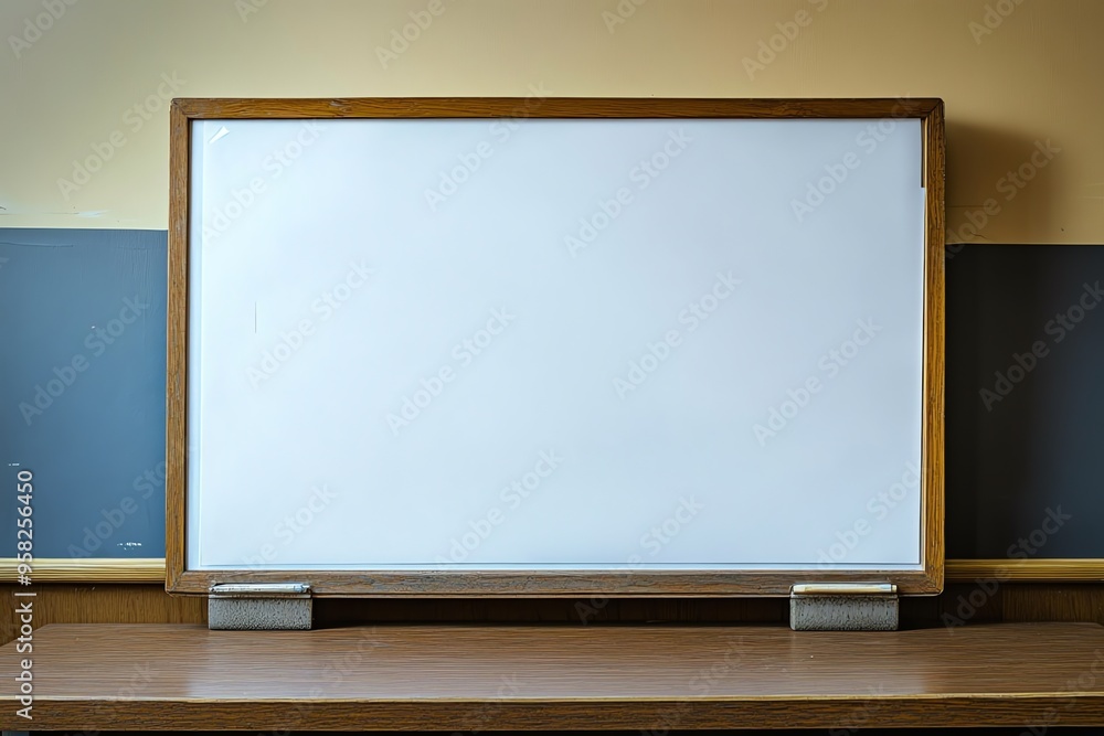 A Whiteboard with a Wooden Frame on a Wooden Table A Whiteboard with a Wooden Frame on a Wooden Table