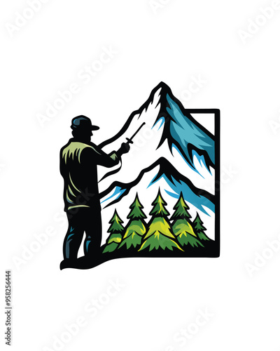 A person in a cap paints a mural on a mountainside.