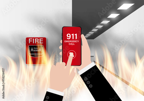 911 Emergency Call for Fire Truck about Burning House and Burning Building. Hand Holding Smartphone with 911 Emergency Call. Vector Illustration. 