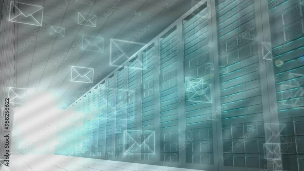 Email icons animation over server racks in data center Email icons animation over server racks in data center