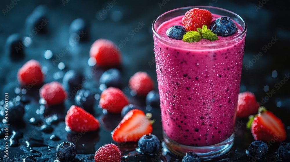refreshing berry smoothie in elegant glass dark moody background droplets of condensation fresh berries scattered dramatic lighting refreshing berry smoothie in elegant glass dark moody background droplets of condensation fresh berries scattered dramatic lighting