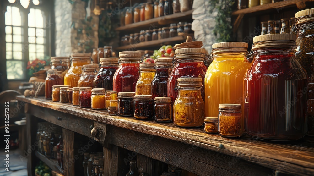 A rustic display of colorful jars filled with assorted preserves on a wooden shelf, creating a warm and inviting atmosphere. A rustic display of colorful jars filled with assorted preserves on a wooden shelf, creating a warm and inviting atmosphere.