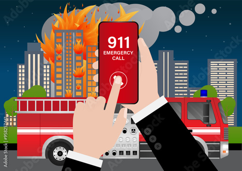 911 Emergency Call for Fire Truck about Burning House and Burning Building. Hand Holding Smartphone with 911 Emergency Call. Vector Illustration. 