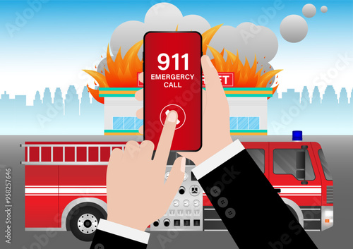 911 Emergency Call for Fire Truck about Burning House and Burning Building. Hand Holding Smartphone with 911 Emergency Call. Vector Illustration. 