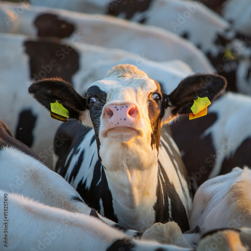 young cow streches head surrounded by other cows photo