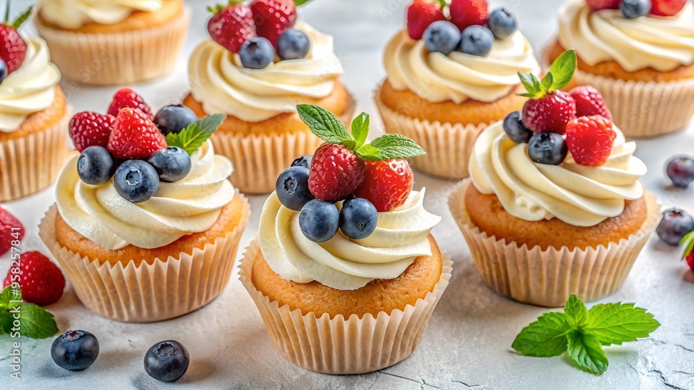 Sweet cupcakes with white whipped cream and fresh berries - perfect for dessert tables, celebrations, food photography, culinary blogs, marketing materials, restaurant and cafe menus, ads Sweet cupcakes with white whipped cream and fresh berries - perfect for dessert tables, celebrations, food photography, culinary blogs, marketing materials, restaurant and cafe menus, ads
