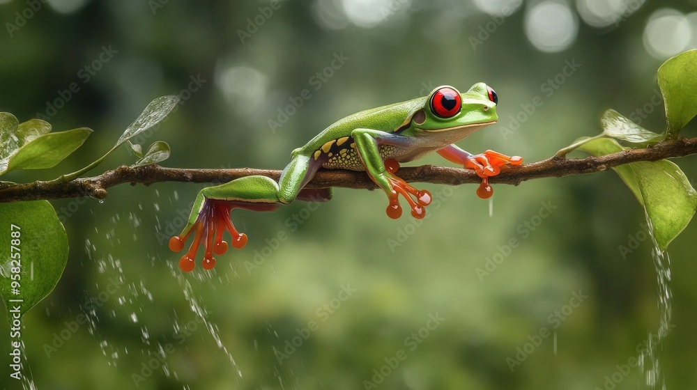 A Red-eyed tree frog leaping from one branch to another, its powerful legs propelling it through the air.