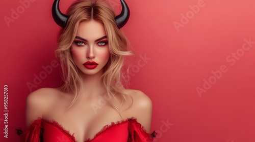 Wallpaper Mural Captivating Devil Woman in Alluring Red Costume With Horns for Halloween Torontodigital.ca