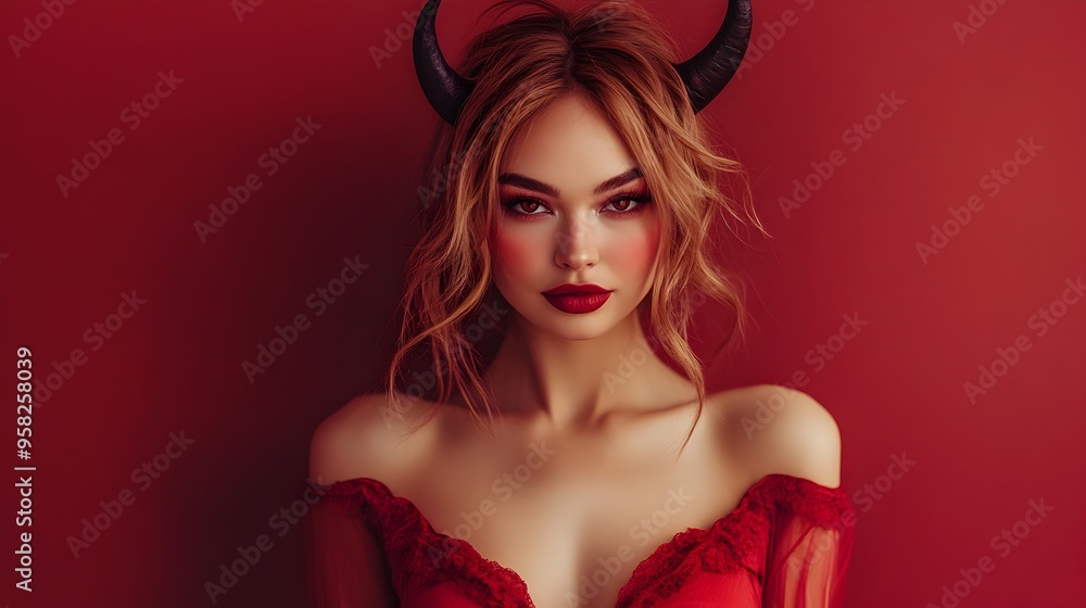Captivating Devil Woman in Red Portrait for Halloween Captivating Devil Woman in Red Portrait for Halloween