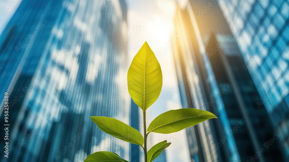 Leadership strategy for sustainable growth, selective focus, corporate environmental initiatives, ethereal, overlay, glass skyscraper backdrop
