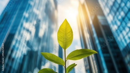 Obraz na płótnie Leadership strategy for sustainable growth, selective focus, corporate environmental initiatives, ethereal, overlay, glass skyscraper backdrop w salonie