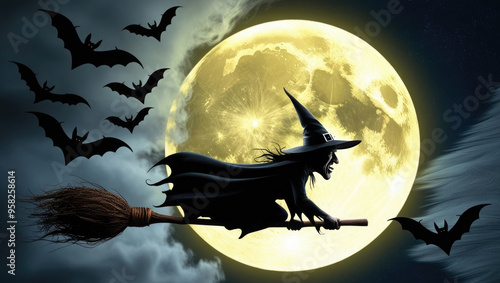 Witch Flying on Broomstick with Bats and Full Moon in Spooky Halloween Scene