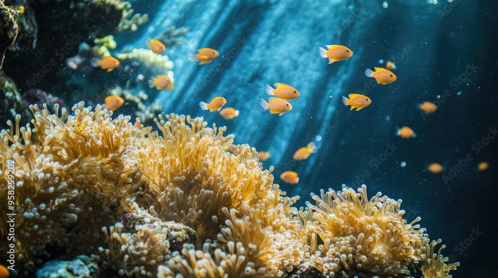 Obraz premium A school of small reef fish swimming near a lush cluster of Flower Pot Coral (Goniopora sp.), their colorful polyps creating a soft, waving effect