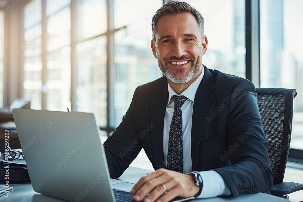 Smiling Businessman Working on Laptop in Modern Office Environment, Business Success Concept Smiling Businessman Working on Laptop in Modern Office Environment, Business Success Concept