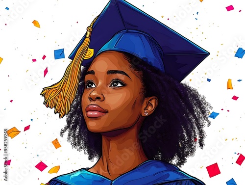 Graduate Woman in Cap and Gown with Confetti Illustration photo