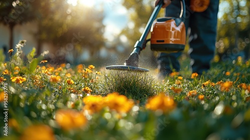 Low angle view of a man cutting grass with a lawn trimmer in a flower garden, bright sunny day with yellow flowers blooming, focused on garden maintenance and landscaping.