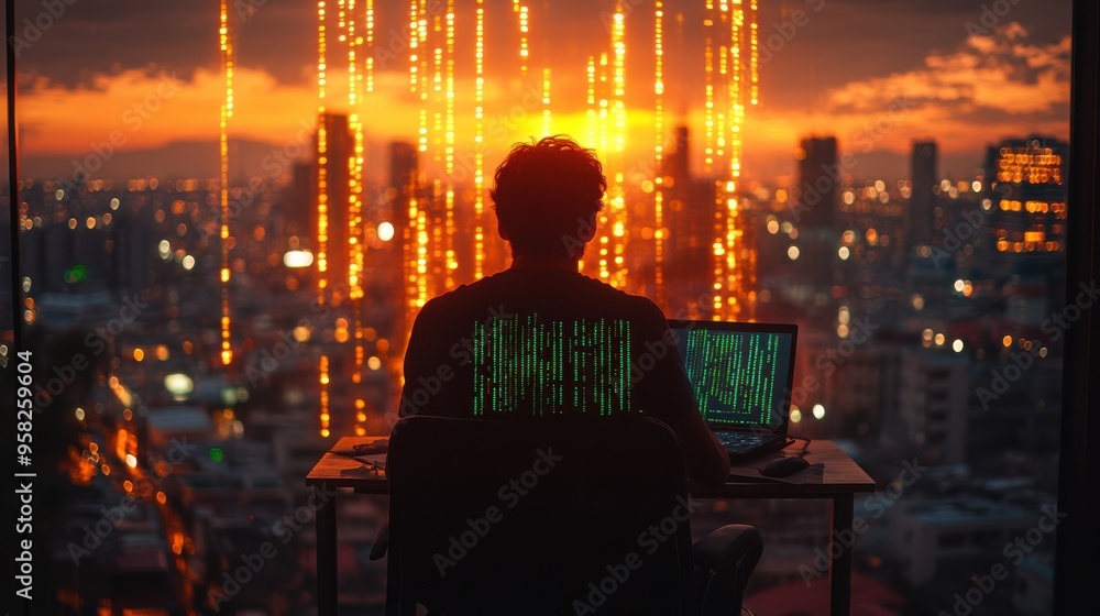 Rear back view silhouette of a programmer man sitting in front of a large window at sunset, with orange coding lines projected on the glass. Cityscape, programming, coding, tech lifestyle, digital. Rear back view silhouette of a programmer man sitting in front of a large window at sunset, with orange coding lines projected on the glass. Cityscape, programming, coding, tech lifestyle, digital.