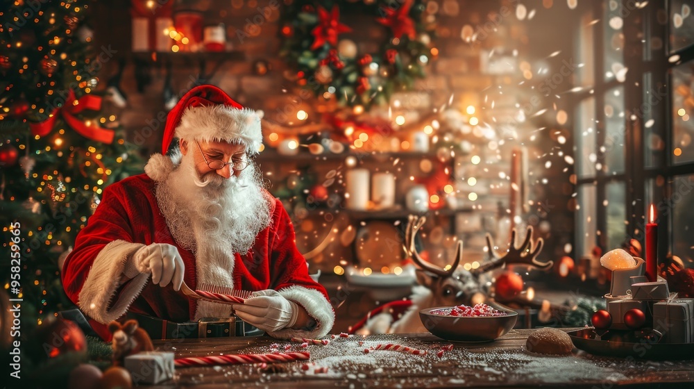Santa Claus Preparing Candy Canes for Christmas in a Cozy Workshop Full of Decorations, 2023 Santa Claus Preparing Candy Canes for Christmas in a Cozy Workshop Full of Decorations, 2023