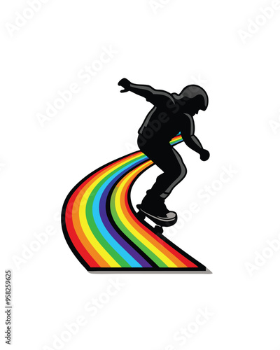 A silhouette of a skateboarder riding down a rainbow path.