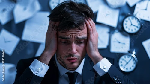 A stressed Caucasian businessman holds his head in frustration against a backdrop of clocks and paperwork, symbolizing time management challenges and work stress