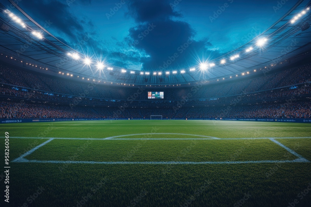 Aesthetic Shot of a Big and Empty Soccer Football Stadium With Crowd Of Fans Cheering in Excitement Before the Match. Lights Are Shining on The Sports Arena Grass Field. Sold Out Stadium Concept , ai Aesthetic Shot of a Big and Empty Soccer Football Stadium With Crowd Of Fans Cheering in Excitement Before the Match. Lights Are Shining on The Sports Arena Grass Field. Sold Out Stadium Concept , ai