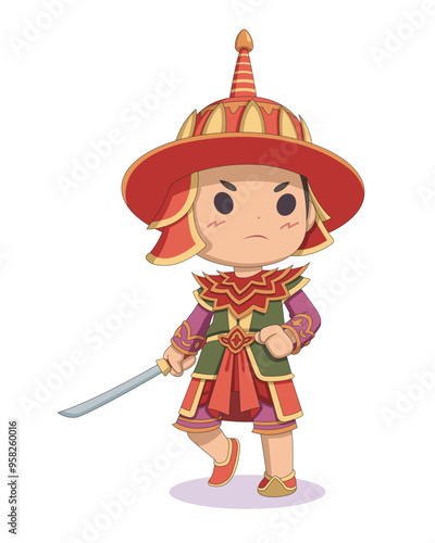 Cute style ancient Burmese warlord holding sword cartoon illustration
