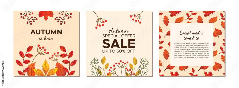 Autumn special offer sale social media template set. Fall warm cozy square posters collection with botanical elements. Watercolor vector illustration. Autumn special offer sale social media template set. Fall warm cozy square posters collection with botanical elements. Watercolor vector illustration.