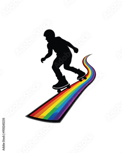 A person skateboarding on a rainbow path.