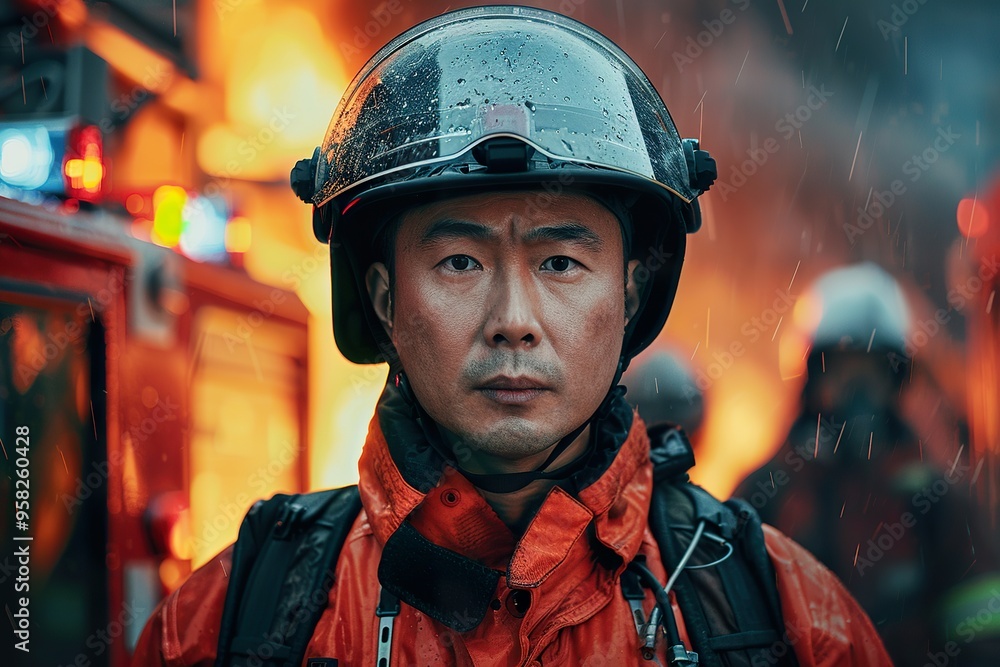 Asian Firefighter in Uniform with Fire Equipment Asian Firefighter in Uniform with Fire Equipment