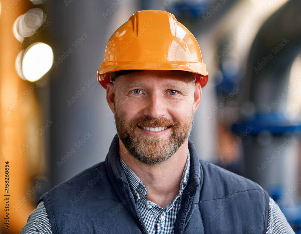 Smiling Man in Hard Hat Industrial Setting Headshot with Pipes and Equipment Blurred in Background Smiling Man in Hard Hat Industrial Setting Headshot with Pipes and Equipment Blurred in Background