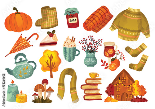 Cozy collection of autumn illustrations. Fall set with pumpkin, house, mulled wine, cake, scarf, sweater, jam, mushrooms and umbrella. Watercolor elements for scrapbooking, cards, posters, home decor.