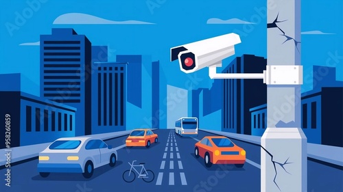 Vector graphic of CCTV camera on top of pole in city center with traffic on street. In big city security concept.