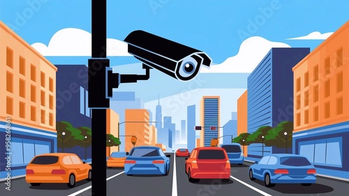 Vector graphic of CCTV camera on top of pole in city center with traffic on street. In big city security concept.