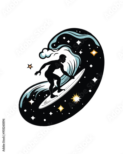 Silhouette of a person surfing on a wave made of stars.