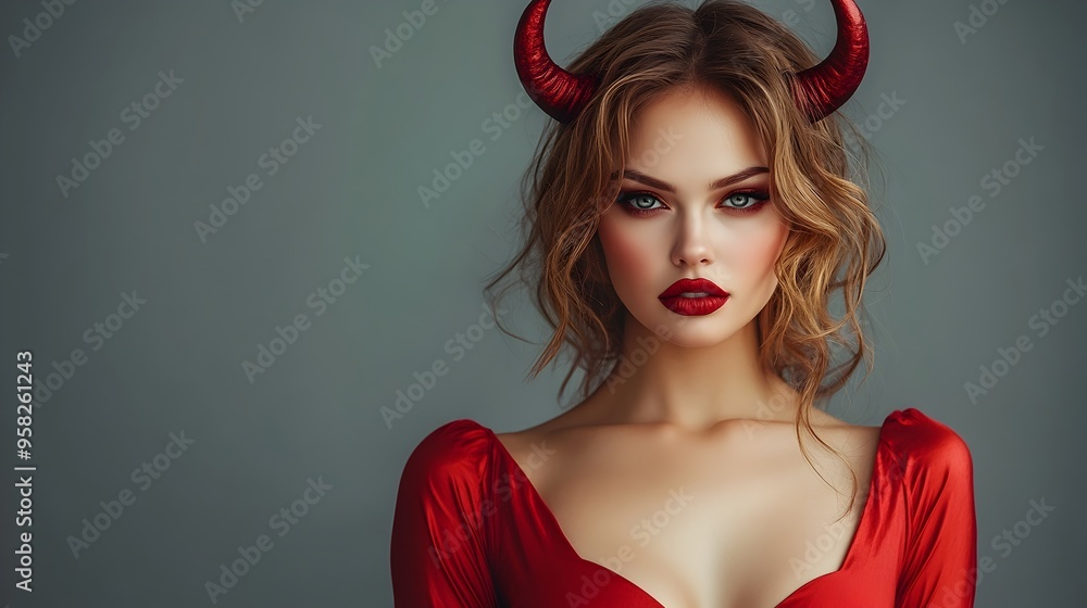 Captivating Devil Woman in Red Costume with Horns for Halloween Photoshoot Captivating Devil Woman in Red Costume with Horns for Halloween Photoshoot