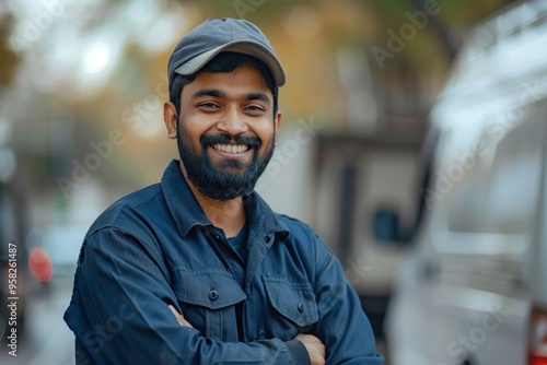 Cheerful Indian Driver of Delivery Van Posing in Uniform with a Friendly Smile