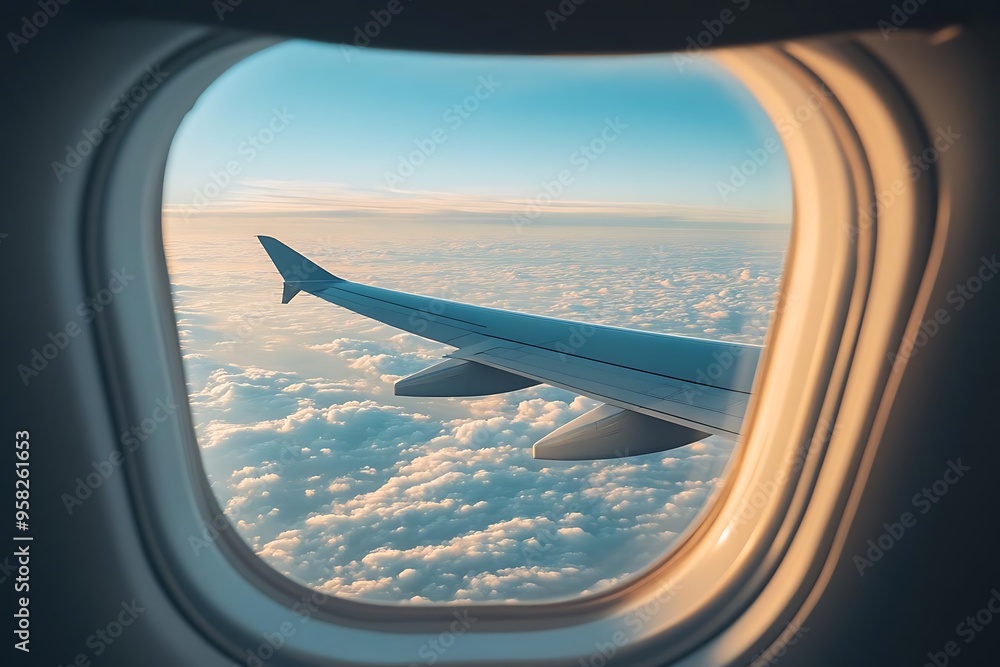 Airplane Wing and Clouds from an Airplane Window Photo Airplane Wing and Clouds from an Airplane Window Photo
