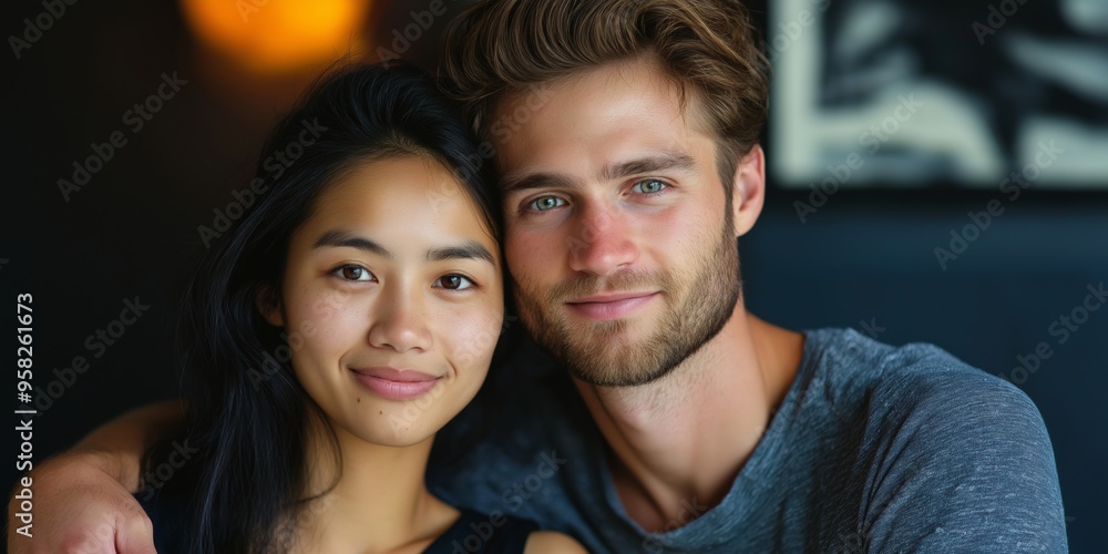A man and a woman are hugging each other. The woman has a smile on her face and the man has a beard A man and a woman are hugging each other. The woman has a smile on her face and the man has a beard