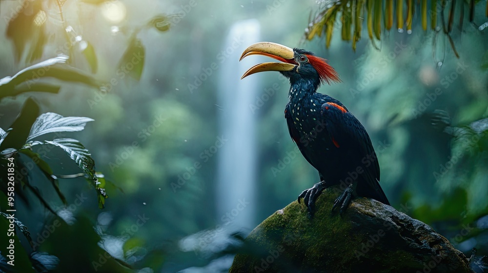 Obraz premium A Wreathed hornbill calling out to its mate, its loud cry echoing through the rainforest, with a blurred waterfall visible in the distance.
