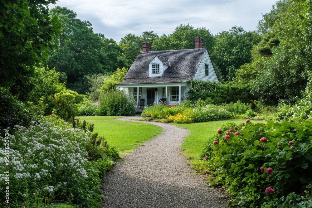 A charming house surrounded by a lush garden and pathway, inviting tranquility and nature. A charming house surrounded by a lush garden and pathway, inviting tranquility and nature.