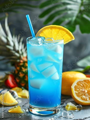 Layered Blue Lagoon Cocktail with Blue Curaçao, Vodka, and Lemonade photo