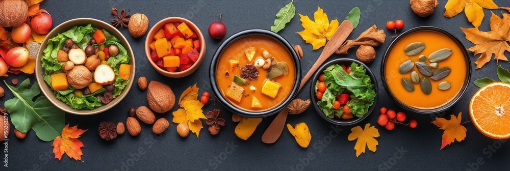 Autumnal feast with soups and seasonal vegetables on dark background. Cozy and festive autumn meal. Autumnal feast with soups and seasonal vegetables on dark background. Cozy and festive autumn meal.