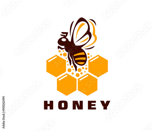 Honey bee icon, beekeeping and apiary products emblem. Isolated vector label with a bee within yellow hexagonal combs and bold brown type, emphasizing themes of nature, agriculture, and sustainability