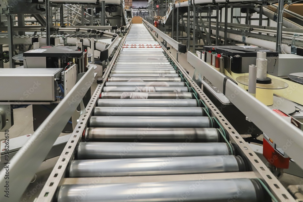 packing line in a logistics warehouse. conveyor belt in a modern production line packing line in a logistics warehouse. conveyor belt in a modern production line