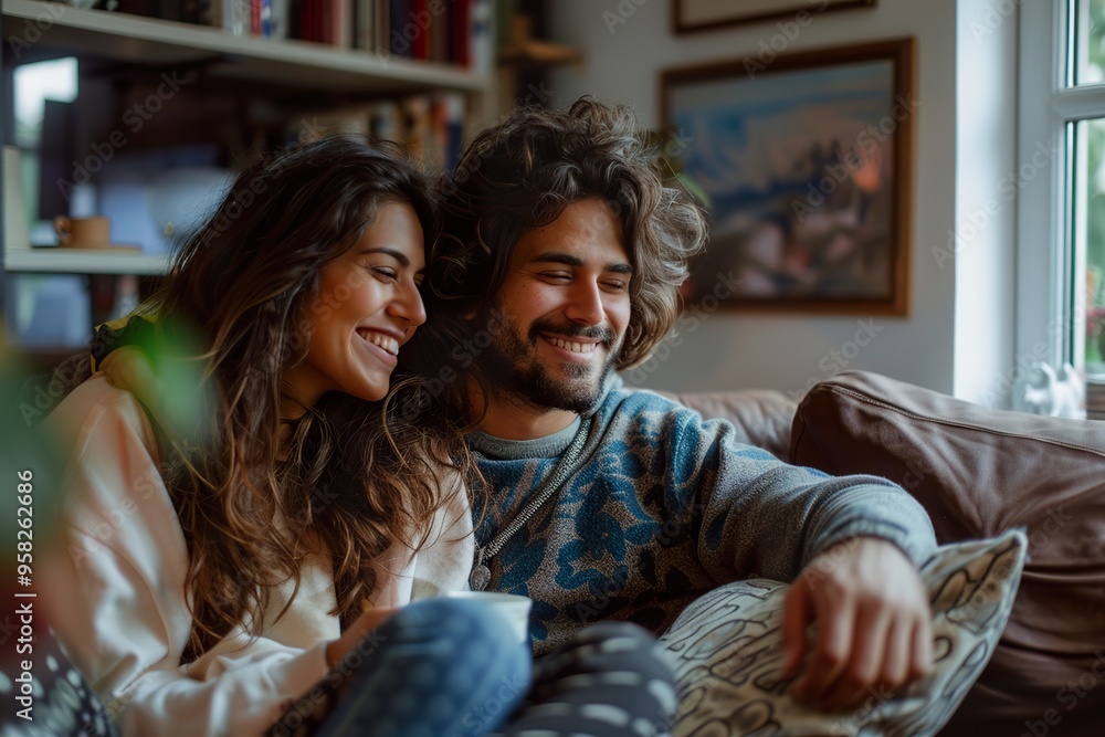 Content Young Indian Couple Sitting on Sofa Savoring Coffee in a Warm Home Setting Content Young Indian Couple Sitting on Sofa Savoring Coffee in a Warm Home Setting