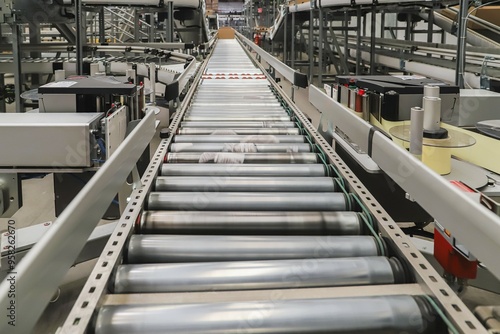 packing line in a logistics warehouse. conveyor belt in a modern production line