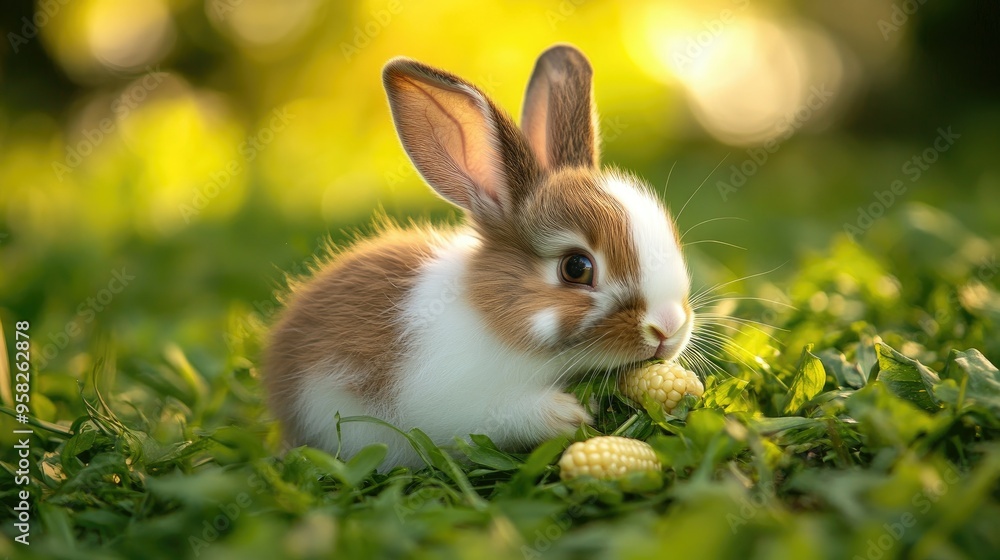 Adorable bunny with fluffy brown and white fur sitting on green grass, happily munching on fresh grass and baby corn, surrounded by nature Adorable bunny with fluffy brown and white fur sitting on green grass, happily munching on fresh grass and baby corn, surrounded by nature