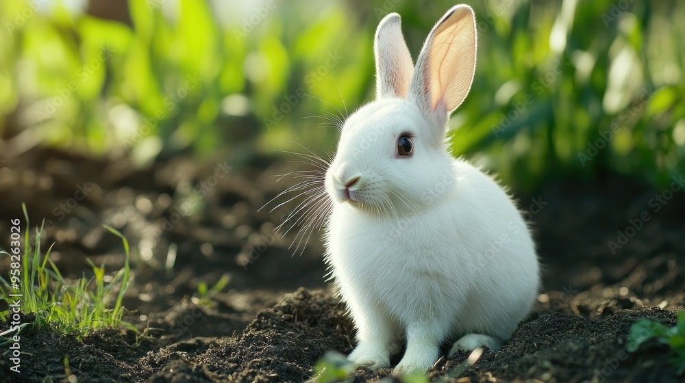 Adorable white rabbit outdoors in a farm environment, looking curiously at the camera, surrounded by grass and soil, highlighting its fluffy fur Adorable white rabbit outdoors in a farm environment, looking curiously at the camera, surrounded by grass and soil, highlighting its fluffy fur